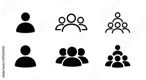 Collection of simple user avatars and crowd icons illustrating various group formations and social interaction.