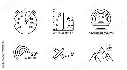 Aviation instruments and symbols for flight navigation and aircraft control.