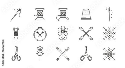 Collection of sewing and embroidery tools and accessories in a line art style.