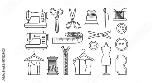 Collection of sewing tools and equipment for tailoring and dressmaking.
