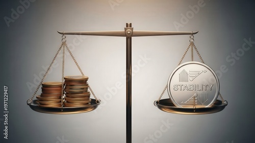Golden coins and a silver stability coin on a balance scale