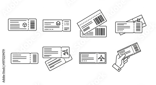 Collection of various ticket designs for travel and events.