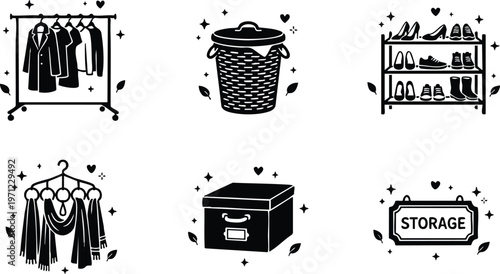 Black and white flat design storage icons including clothes rack shoe shelf basket scarf box and storage sign