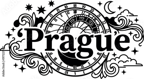 Black and white prague zodiac clock with celestial stars and moon vector art