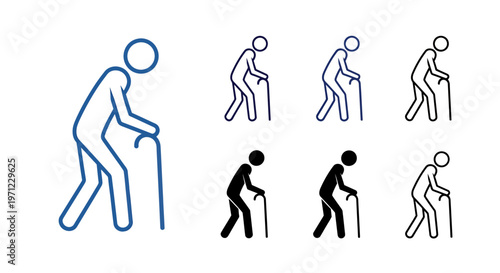 Sequence of elderly person using cane with walking support showing progressive steps and balance.