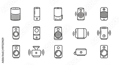 Collection of various smart speaker devices in a simple black and white line art style.