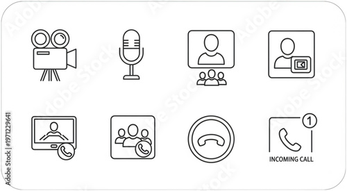 Collection of communication and video conference icons representing various functions and features.