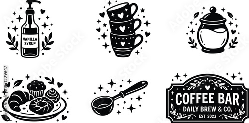 Black and white coffee bar label with vanilla syrup cups pastries and scoop icons