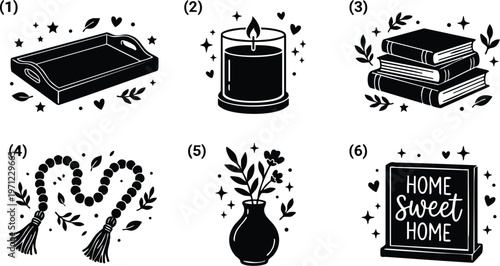 Black and white flat design home sweet home quote sign with hearts and stars