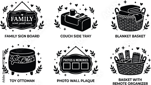 Black and white family home sign photo wall basket ottoman icons set
