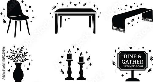 Black and white dining room elements vector art with chair table candles and sign