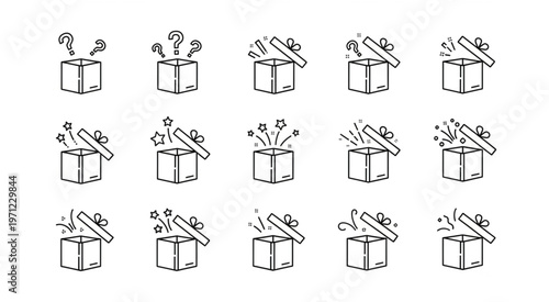 Collection of hand-drawn gift box illustrations with various surprise elements.