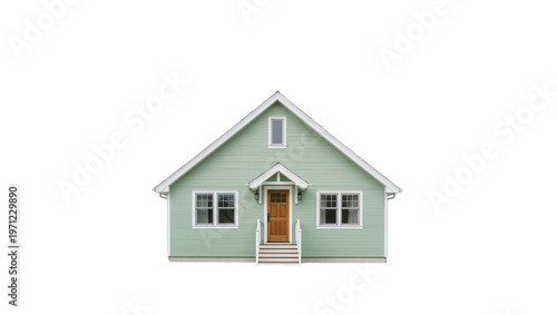 Light blue two-story house with wooden porch and windows