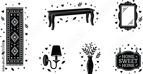 Black and white home sweet home sign with decorative mirror vase lamp rug and wooden table illustration