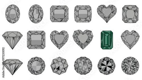 Large set of twenty diamond and gemstone illustrations showing various shapes and cuts in grey tones for jewelry design.