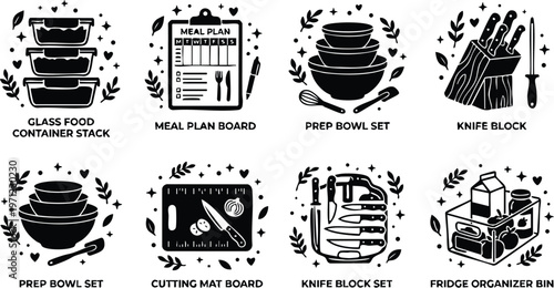Black and white meal plan board with food containers prep bowls and knife blocks set