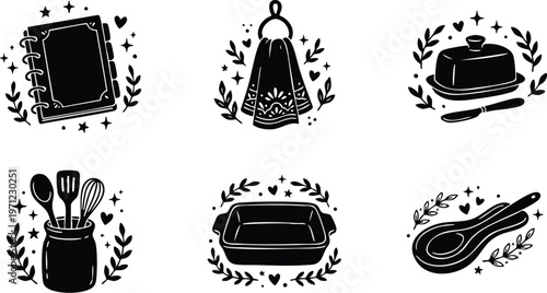 Black and white kitchen utensils and accessories vector art collection with jars towels spoons and butter dish