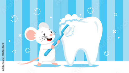 Cute cartoon white mouse using a blue toothbrush to clean a large white human tooth with soap bubbles and foam in a striped blue bathroom.