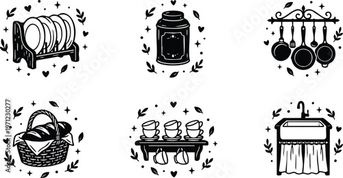 Black and white kitchen utensils and dishware vector art set with cups basket sink and pots
