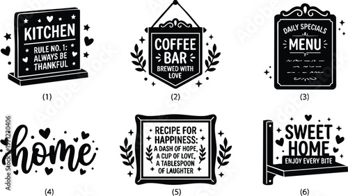 Black and white kitchen rules coffee bar happiness and sweet home lettering vector art