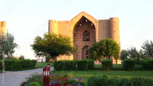 Turkestan, Kazakhstan - June 03, 2025: Panoramic view of the historical Mausoleum of Khoja Ahmed Yasawi (Қожа Ахмет Ясауи) and Rabia Sultan Begim Mausoleum (Рабия Сұлтан Бегім кесенесі) complex