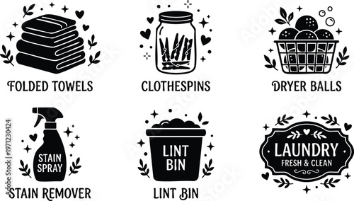 Black and white laundry icons folded towels clothespins stain spray lint bin dryer balls