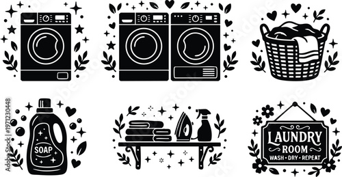 Black and white laundry icons with washer dryer soap basket and ironing set