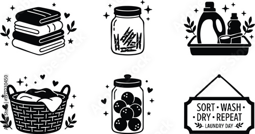 Black and white laundry day jars folded towels basket and detergent bottles vector art