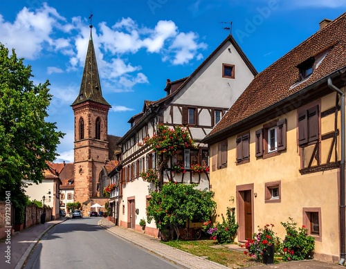 Picturesque street in Eguisheim, France, with historic architecture.