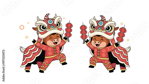 Two cute bulls dressed in traditional red and gold chinese lion dance costumes holding paper lanterns for lunar new year festival celebrations.