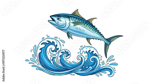 Dynamic illustration of a blue tuna fish leaping high out of stylized blue ocean waves with water splashes and spray on a white background.
