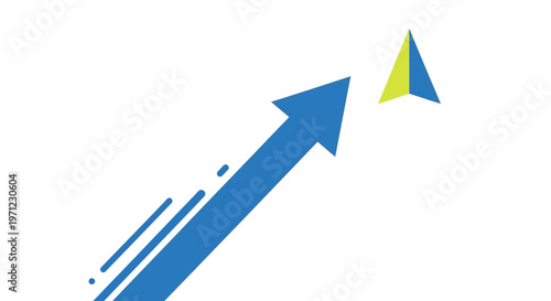 A blue arrow pointing upwards with a small blue and yellow triangle.