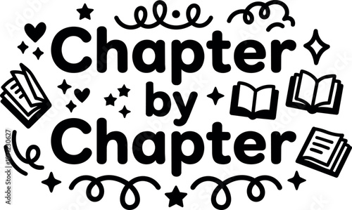 Black and white chapter by chapter phrase with book icons and decorative swirls