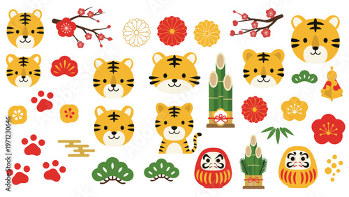 Collection of cute tiger faces and traditional japanese lucky charms like daruma dolls and bamboo for the lunar new year festival greeting.