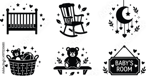 Black and white baby room icons including crib rocking chair teddy bear and moon mobile
