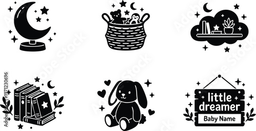 Black and white baby dreamer bunny with books cloud moon and basket vector art