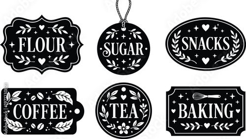 Black and white vintage style kitchen labels for flour sugar coffee tea snacks and baking