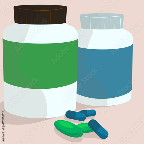 Two pharmacy bottles with green and blue labels, accompanied by a scattering of medicine capsules and pills. Minimalist healthcare graphic for pharmaceutical branding, supplements and wellness content