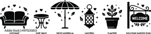 Black silhouette patio umbrella loveseat side table lantern planter and welcome garden sign vector art