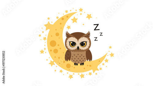Adorable brown owl sleeping peacefully on a bright yellow crescent moon surrounded by twinkling stars in the dark blue night sky.