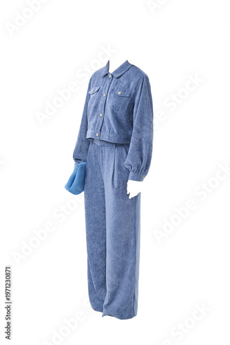 Light Blue Denim Jumpsuit with Pockets and Blue Gloves