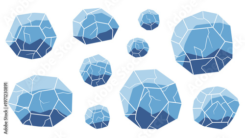 Collection of blue stylized ice cubes and faceted crystals in various sizes showing cold and frozen winter themes on an isolated background.