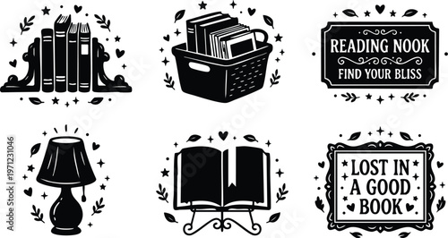 Black and white reading nook phrase with book basket lamp and open book vector art