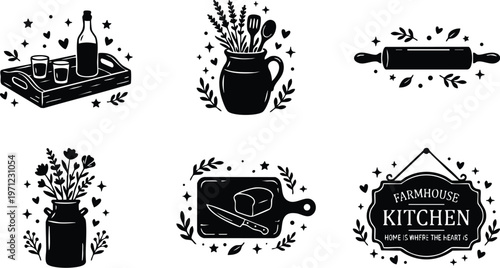 Black and white farmhouse kitchen sign with bread knife cutting board and rustic jars with flowers and utensils