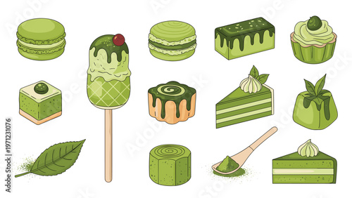 Delicious variety of matcha green tea flavored desserts like cakes macarons tarts and ice cream sticks with tea powder and leaf decoration.