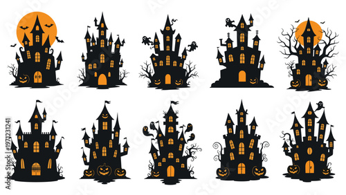 Set of ten spooky black halloween castle silhouettes with glowing windows bright orange moons bats ghosts and carved jack-o-lanterns.