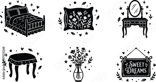Black and white sweet dreams sign with floral bed pillow and bedroom furniture vector art