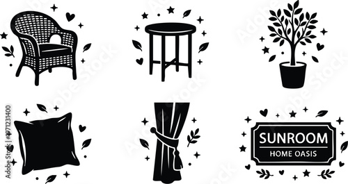 Black and white sunroom home oasis wicker chair table plant pillow curtain icons set