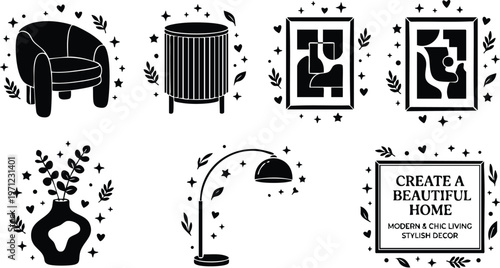 Black and white modern home decor icons including armchair table vase lamp and abstract art