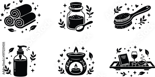 Black and white spa essentials with rolled towels salt jar brush candle and bath tray vector art